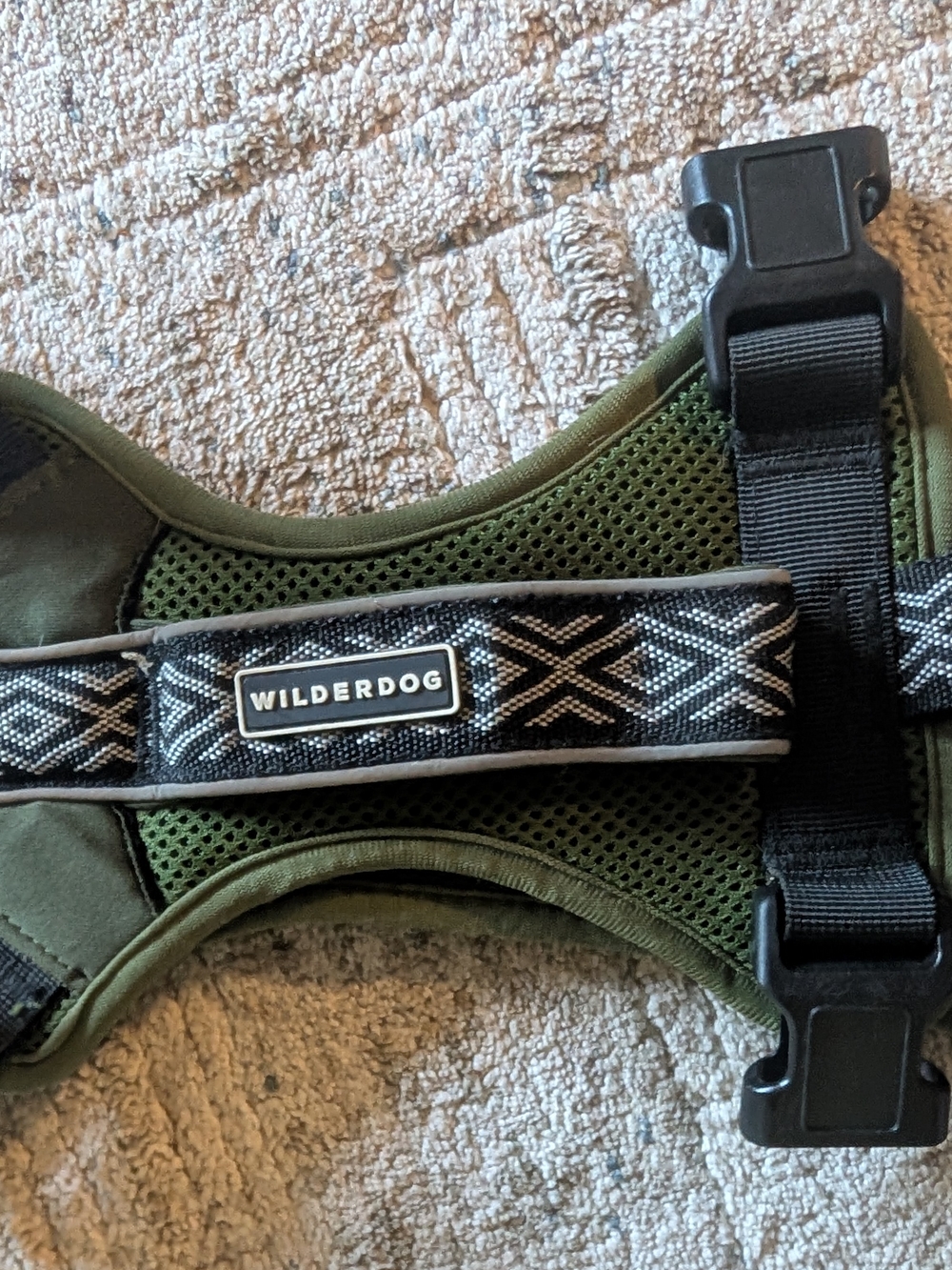 Wilderdog Olive Green Dog Harness with Patterned Black Strap